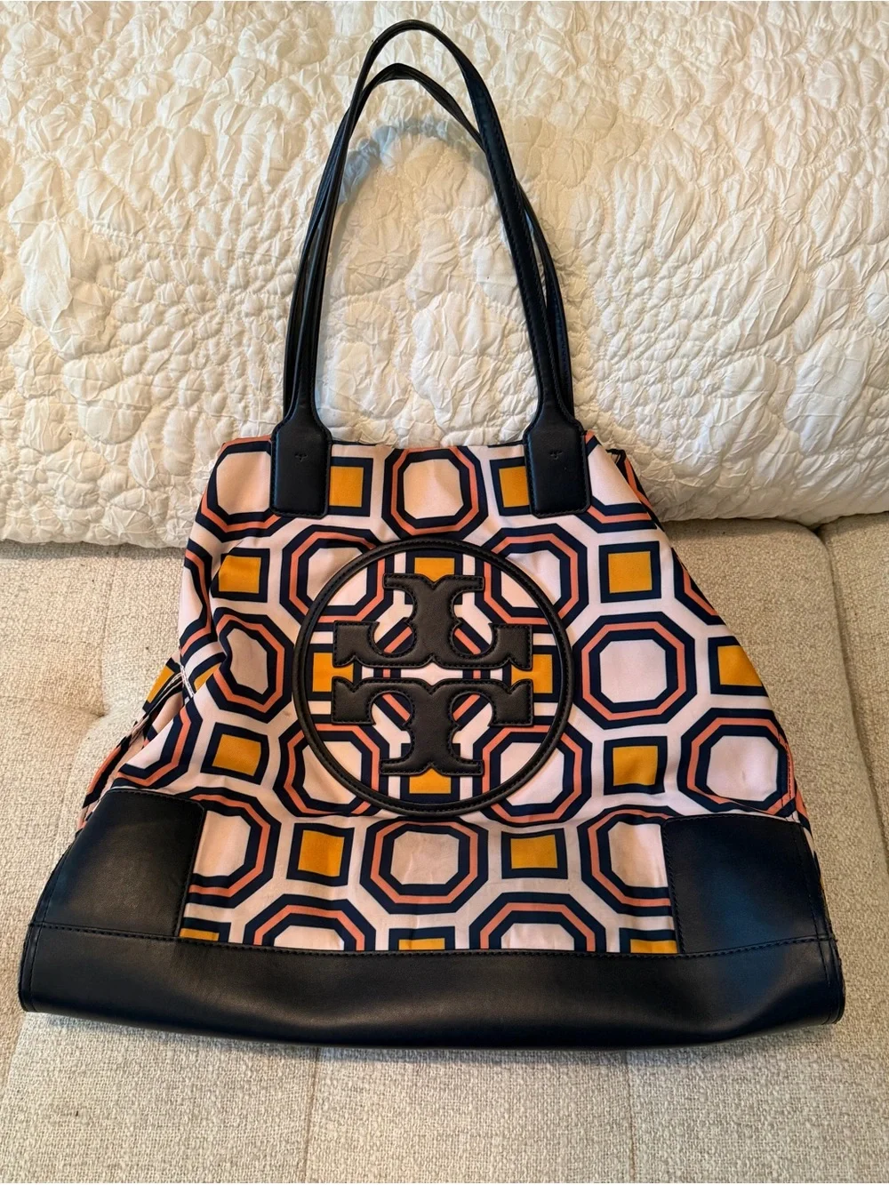 Tory Burch Ella Tote. Pink, Navy & Yellow Geometric Logo Tote